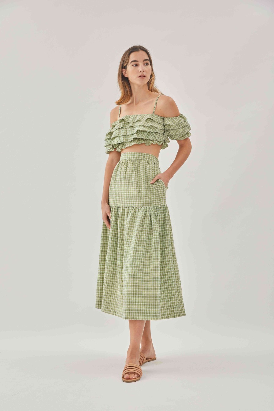 Klarra KLARRA Bottoms | Tiered Midi Skirt In Gingham Fern